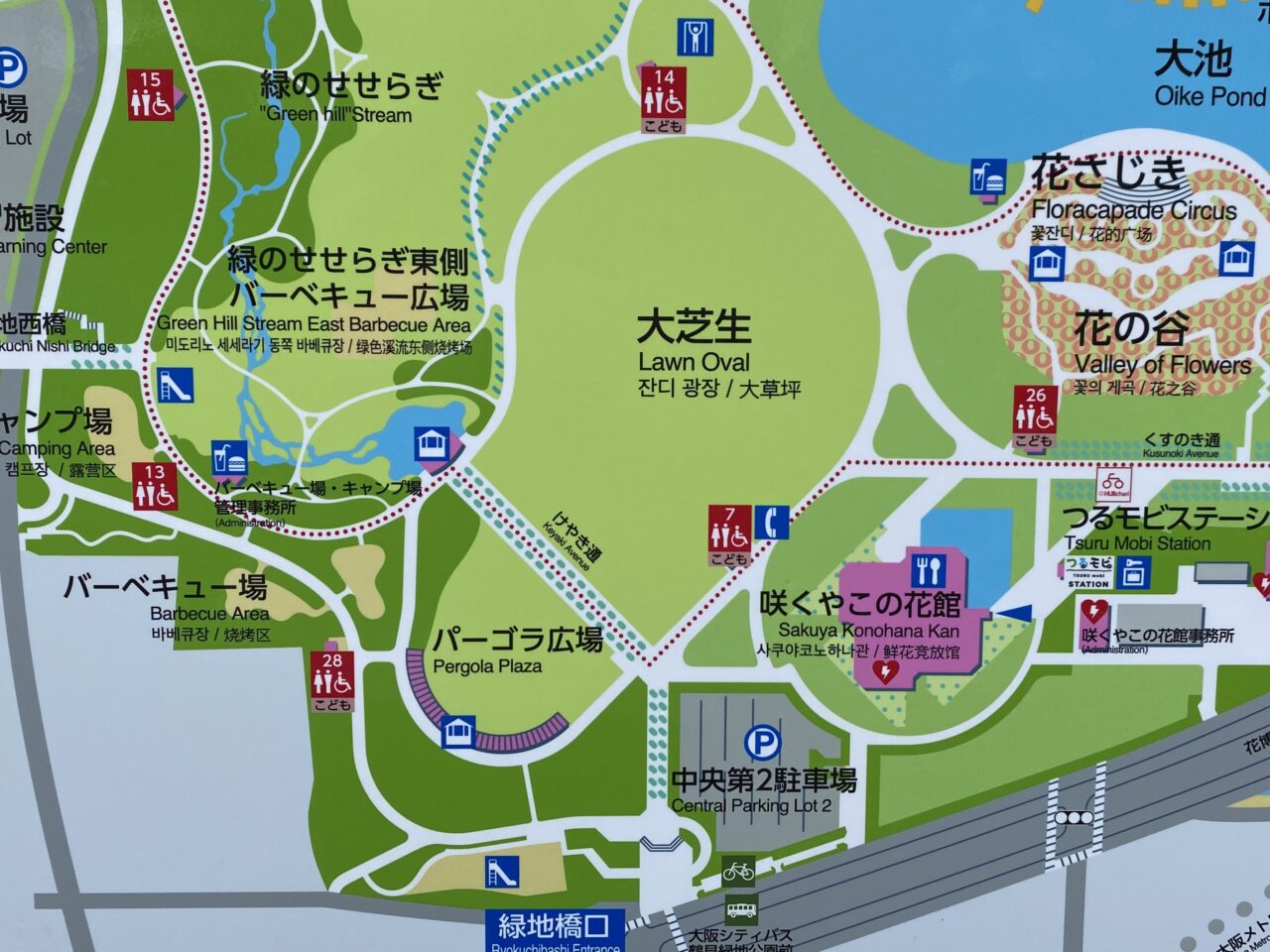 大芝生付近の園内マップ