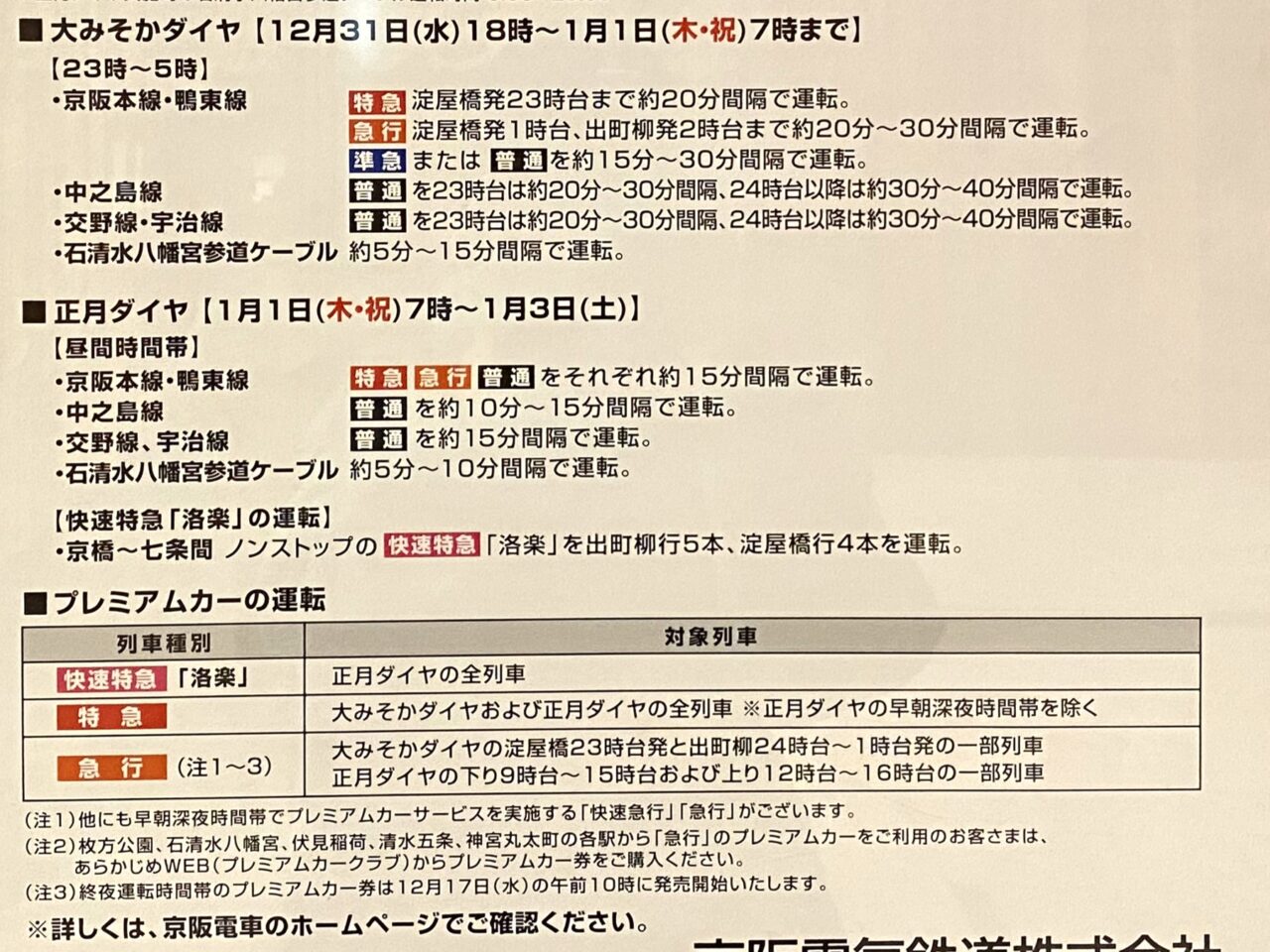 大晦日ダイヤについてなど